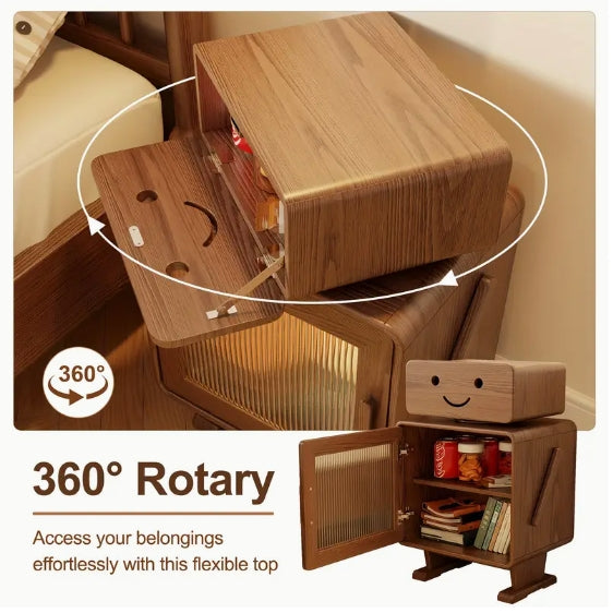 [Rotating Drawer Nightstand] 360° Rotating Drawer Solid Wood Nightstand - Creative Bedside Table for Bedroom, Living Room - Easily Assembly