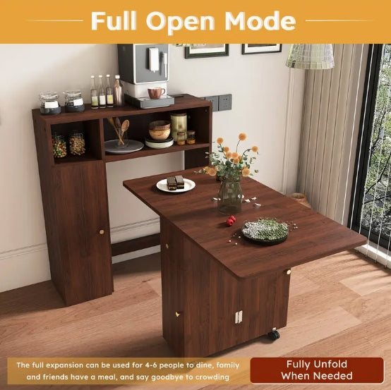 Modern Brown Folding Dining Table with Storage Sideboard & Charging Station – Wall-Mounted, Space-Saving Design with Wheels for Compact Kitchens