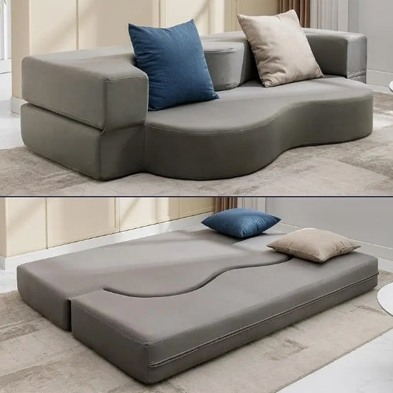 Queen Size Convertible Sofa Bed - Memory Foam Fold-Out Couch with Washable Leathaire Cover, Modern Dark Gray Design for Living Room & Guest Room