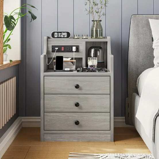 [Grey Nightstand with Charging] 2 USB Ports & 2 Outlets Grey Nightstand with Charging Station, Hutch and 3 Drawers - Bedroom End Table