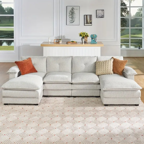 115 Inch Sectional Couch, Modular Sectional Sofa- Double Layer Seat Cushions, U Shaped Couch- Comfy Couches For Living Room, Beige Chenille