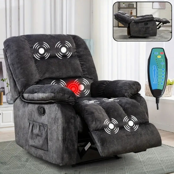Large Recliner Wide Manual Recliner for Seniors Fabric Living Room Upholstered Adult Recliner, Elderly Lounge Chair Recliner with Heating and Massage Living Room Recliner Manual Recliner with Side Pockets and USB Charging Ports and Remote Controls