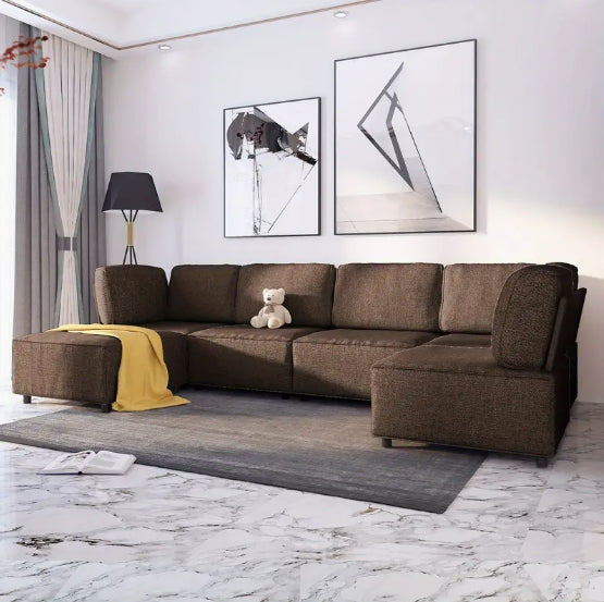 6 Seater Beige Linen Modular Sectional Sofa - Convertible Oversize L Shaped Couch with Reversible Ottoman, U Shaped Sleeper Sofa for Living Room