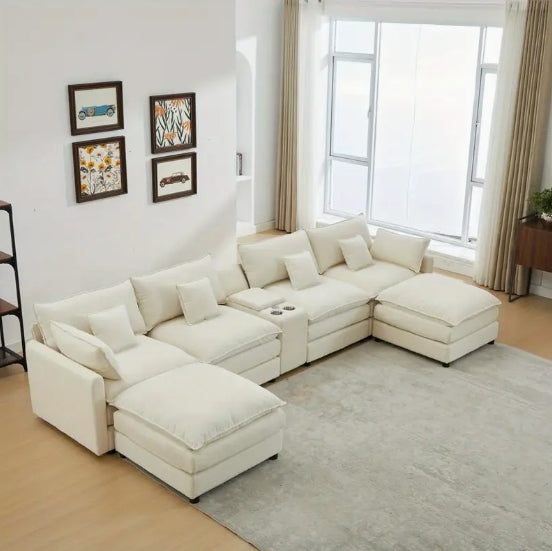 4 Seat U-Shaped Modern Chenille Sofa Sleeper - Piece Upholstered Sectional with Coffee Table - White