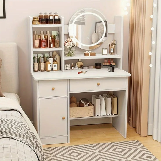 Elegant White Wooden Makeup Vanity Desk with Touch-Screen Lighted Mirror - 3 Adjustable Lighting Modes, Drawers & Storage Shelves for Cosmetics Organization - Modern Bedroom Dressing Table with Plug-In Power