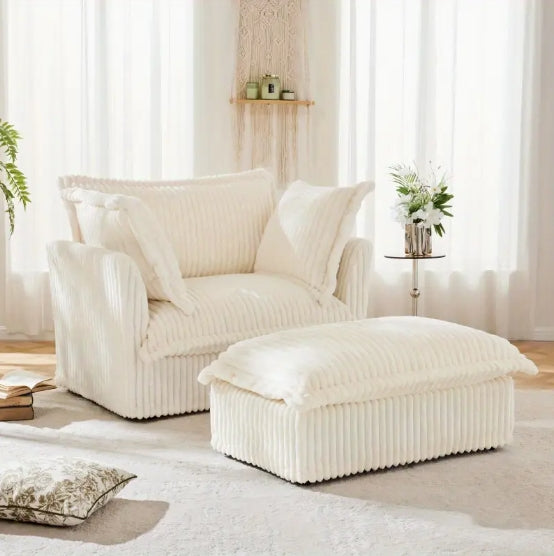 Upholstered Slipcovered Armchair with Ottoman Deep Seat Armchair W Wide Ottoman for Living Room Armchair Sets with Large Soft Pillows Set of 2 Cream Corduroy Fabric