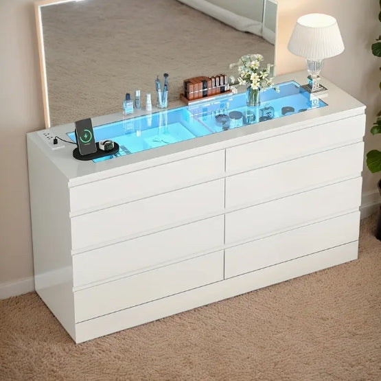 [Modern Dresser] Modern 8 Drawer White Dresser - Double Wide Drawers Organizer Cabinet with Glass Top & Power Outlet And LED Light