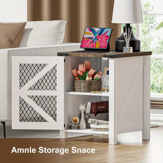 Chic 18" Farmhouse Side Table with Charging Port - Rustic Wire Mesh Barn Door Design, Nightstand with Adjustable Shelf for Bedroom & Living Room