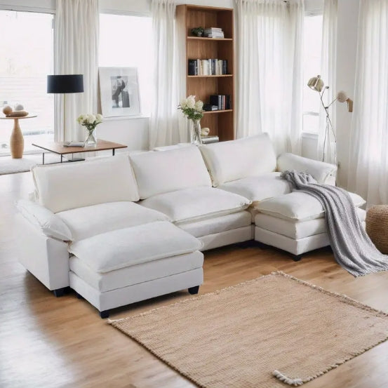 [Comfy Convertible Sofa] Modern Comfy Cloud White/Cream Convertible Sectional Sofa, Extra Deep Seat L-Shape Couch with Movable Ottoman - Elegant White Plush Fabric Sofa for Home, Office, Apartment, Family Lounge Furniture