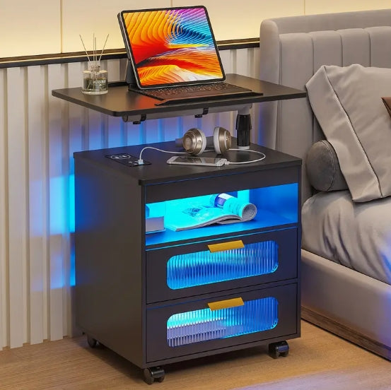 Nightstand With Wireless Charging Station, LED Nightstand Has Adjustable Rotary Workstation, Smart Night Stand With 2 Drawers