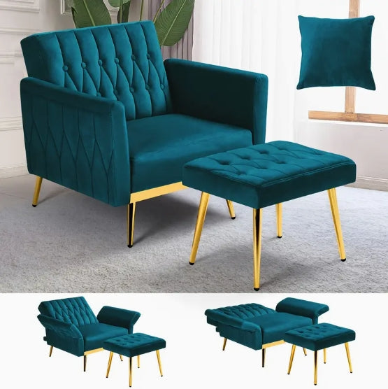 ACMEASE Velvet Accent Chair - Adjustable Armrests And Backrest, Button Tufted Lounge Chair With Ottoman And Pillow