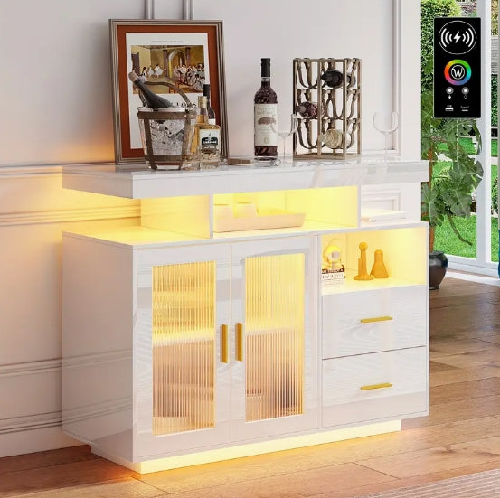 LED Sideboard Buffet Cabinet With Motion Sensor Lights, High Gloss Coffee Bar Cabinet With Charging Station, Kitchen Storage Cabinet For Bar