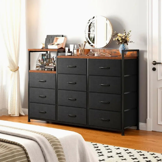 Modern Black Dresser with 11 Drawers, Metal Frame & Wood Top – Stylish Bedroom Storage Chest with Shelves, Perfect for Makeup Vanity or TV Stand