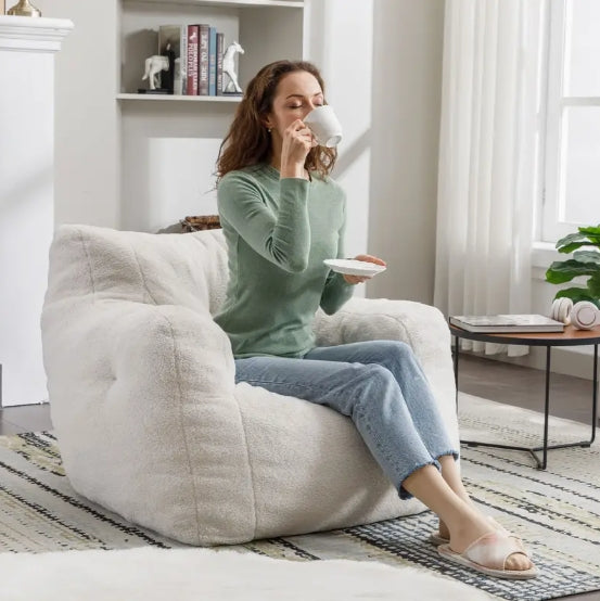 Bean Bag Chair, Fluffy Sherpa and Lazy Sofa, Comfy Cozy BeanBag Chair with Memory Foam for Dorm, Apartment, Bean Bag Chairs with Tufted Soft Stuffed with Filler, Small Space
