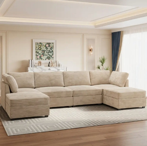 Oversized 130-Inch Plush Velvet Sectional Sofa With 2 Ottomans, Luxurious L-Shaped Couch For Living Room, Soft Long-Pile Fabric Upholstery, Spacious Seating For Family And Friends