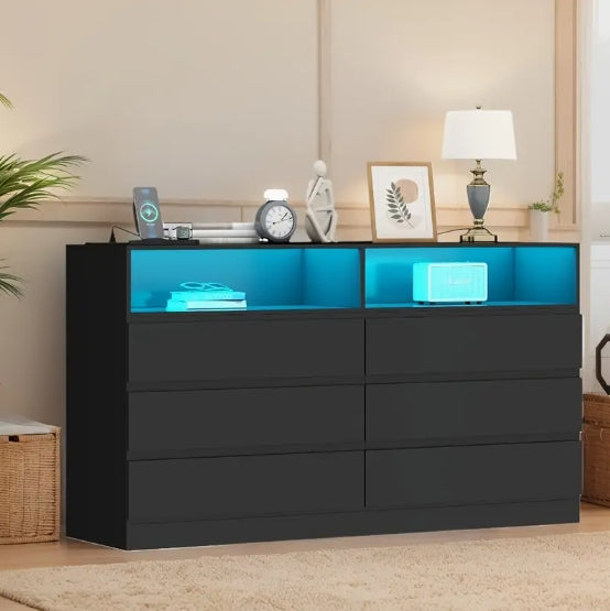 Contemporary White Finish Accent Chest of Drawers with LED Lighting, Varnished Storage Dresser, Independent Furniture, 110V-240V Plug Powered, with Charging Station, for Under 3.2 Cubic Feet Capacity