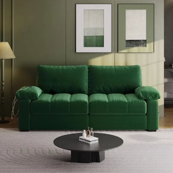 79in Upholstered Sofa Velvet Couch Sofa Couch with USB Charging Ports, Storage Pockets for Living Room Apartment Game Room, Gray/Green/Blue