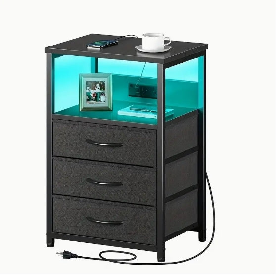 [Charging Nightstand] 2/3 Fabric Drawers Nightstand with Charging Station And LED Light, Side Table with USB Ports And Outlets, Valentines Bedside End Table