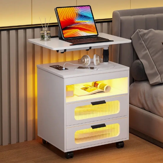 Nightstand With Wireless Charging Station, LED Nightstand Has Adjustable Rotary Workstation, Smart Night Stand With 2 Drawers