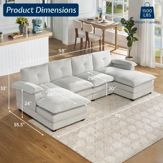 115 Inch Sectional Couch, Modular Sectional Sofa- Double Layer Seat Cushions, U Shaped Couch- Comfy Couches For Living Room, Beige Chenille