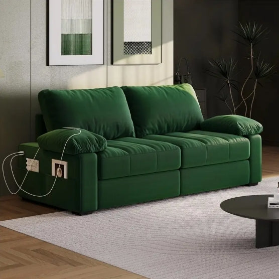 79in Upholstered Sofa Velvet Couch Sofa Couch with USB Charging Ports, Storage Pockets for Living Room Apartment Game Room, Gray/Green/Blue