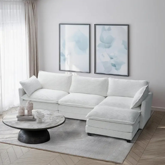 Oversized Modular Sectional Sofa Set - Cozy 3-Seater White Corduroy with Movable Ottoman, 2 Armrest Pillows, L-Shaped Design for Living Room or Bedroom - Easy DIY Assembly, Sectional Sofa for Living Room