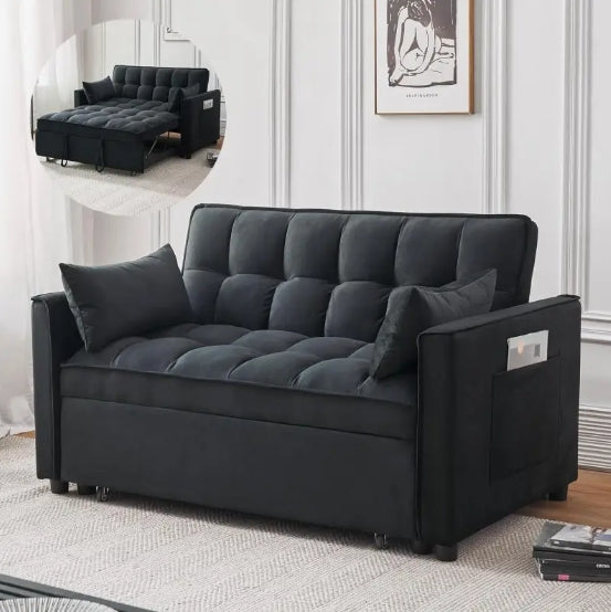 54-Inch Velvet Convertible Sofa Bed with Reclining Feature, Pull-Out Section & Storage Pockets - 3-in-1 Black Loveseat Futon for Living Room, Bedroom, or Apartment - Soft, Durable & Space-Saving Design, Futon Sofa Bed