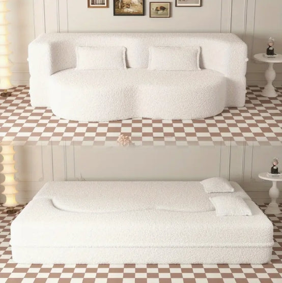 Modern Floor Sofa with 2 Pillows, Convertible Teddy Fabric Foam-Filled Sleeper Sofa Bed, 15" Full Size Folding Mattress for Living Room, Guest Bed, Playroom, no assembly required, Beige