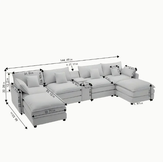 4 Seat U-Shaped Modern Chenille Sofa Sleeper - Piece Upholstered Sectional with Coffee Table - White