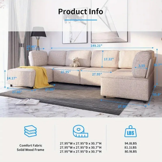 6 Seater Beige Linen Modular Sectional Sofa - Convertible Oversize L Shaped Couch with Reversible Ottoman, U Shaped Sleeper Sofa for Living Room