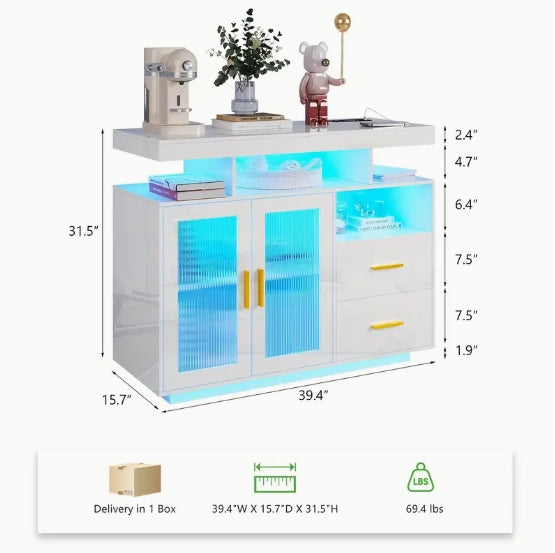 LED Sideboard Buffet Cabinet With Motion Sensor Lights, High Gloss Coffee Bar Cabinet With Charging Station, Kitchen Storage Cabinet For Bar