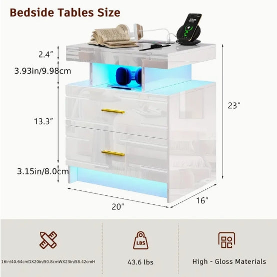 [Wireless Charging Night Stand] Smart Night Stand with Wireless Charging - 24 Colour Lights, 2 Drawers Bed Table