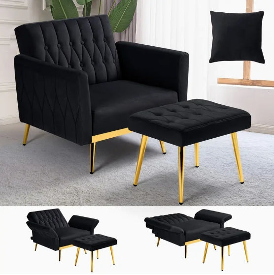 ACMEASE Velvet Accent Chair - Adjustable Armrests And Backrest, Button Tufted Lounge Chair With Ottoman And Pillow