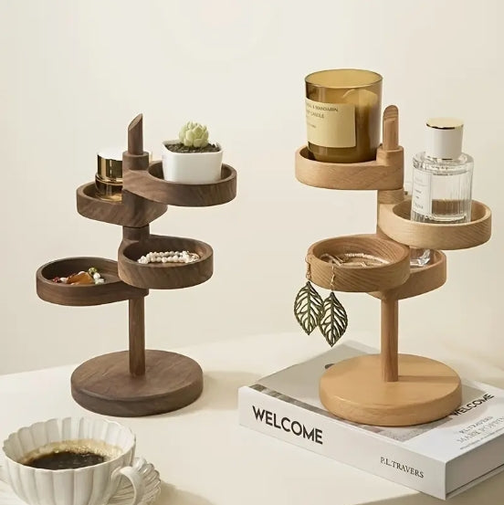 [Rotating Solid Wood Organizer] Rotating Desktop Organizer - Multi-Tier Solid Wood Storage Rack with Key Tray