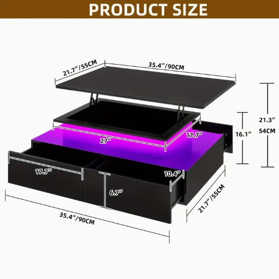 Lift Top Coffee Table, Coffee Table with Storages for Living Room, Rectangular Coffee Tables with 4 Spacious Drawers, Modern Coffee Table with LED Light