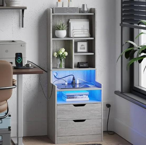 1pcs Gray Tall Nightstand with Charging Station, LED Lights, Drawers, Storage Shelves, and Bookshelf