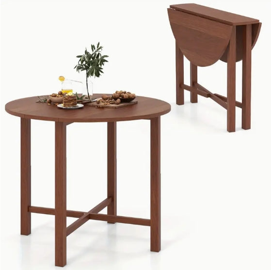 Contemporary Hardwood Dual Drop Leaf Round Table, Multifunctional Folding Dining Table for 2-4, Extendable Design for Small Spaces, No Electricity Needed, for Dining Room, Living Room, Apartment