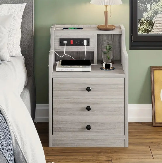 [Grey Nightstand with Charging] 2 USB Ports & 2 Outlets Grey Nightstand with Charging Station, Hutch and 3 Drawers - Bedroom End Table