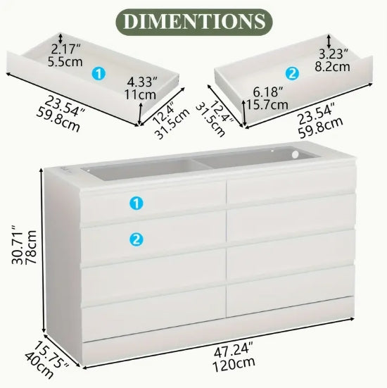[Modern Dresser] Modern 8 Drawer White Dresser - Double Wide Drawers Organizer Cabinet with Glass Top & Power Outlet And LED Light