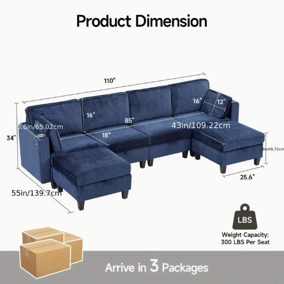 110" U-Shaped Modular Sectional Sofa, Convertible Sleeper Sofa Couch Bed with Adjustable Backrest, Chenille Couch with Storage & Charging Ports, Beige Large Sectional Couches for Living Room