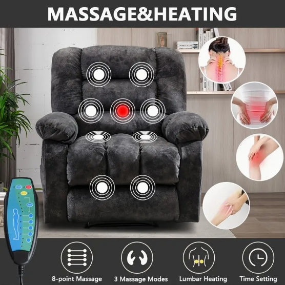 Large Recliner Wide Manual Recliner for Seniors Fabric Living Room Upholstered Adult Recliner, Elderly Lounge Chair Recliner with Heating and Massage Living Room Recliner Manual Recliner with Side Pockets and USB Charging Ports and Remote Controls