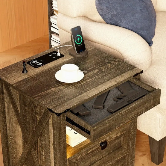 [Farmhouse LED Nightstand] 2-Drawer Farmhouse LED Nightstand - With Gun Drawer, Invisible Lock, Charging Station, Modern End Table for Bedroom Living Room Office - White/Dark Oak