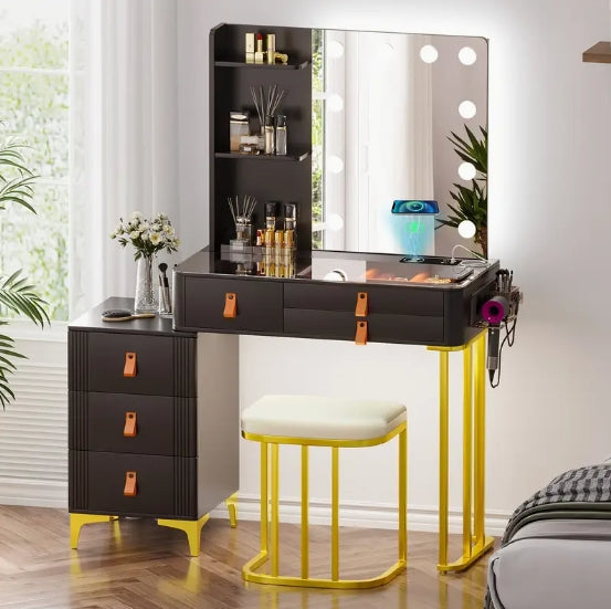 [Wireless Charging Vanity] Wireless Charging Gurexl Vanity Desk with Lighted Mirror, 3 Lighting Modes, 6 Drawers & Stool, Glass Top Makeup Vanity Table Set