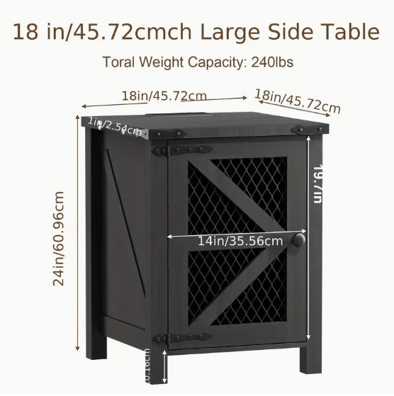 Chic 18" Farmhouse Side Table with Charging Port - Rustic Wire Mesh Barn Door Design, Nightstand with Adjustable Shelf for Bedroom & Living Room