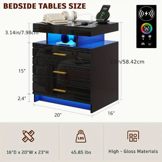 [Wireless Charging Nightstand] Modern 24 Color LED Nightstand - Auto Wireless Charging Station & USB Ports - 3 Drawers High-Gloss Bedside Table