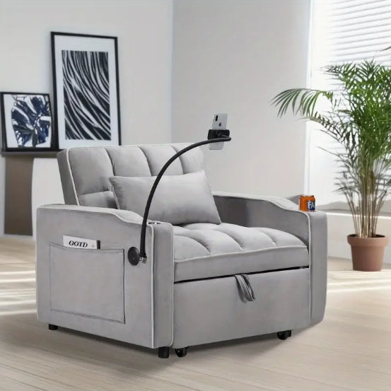 [Convertible Sleeper Chair] 3-in-1 Adjustable Convertible Sleeper Chair Sofa Bed - Gray Quilted Design, Multi-Pockets, Pull-Out Functionality for Living Room or Bedroom