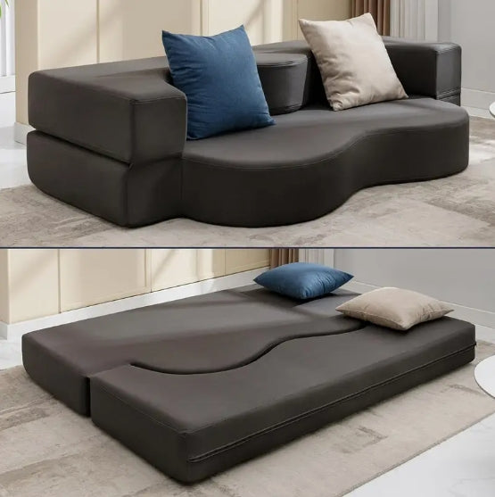 Queen Size Convertible Sofa Bed - Memory Foam Fold-Out Couch with Washable Leathaire Cover, Modern Dark Gray Design for Living Room & Guest Room