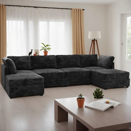 Oversized 130-Inch Plush Velvet Sectional Sofa With 2 Ottomans, Luxurious L-Shaped Couch For Living Room, Soft Long-Pile Fabric Upholstery, Spacious Seating For Family And Friends