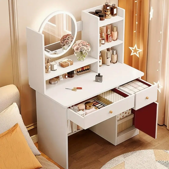 Elegant White Wooden Makeup Vanity Desk with Touch-Screen Lighted Mirror - 3 Adjustable Lighting Modes, Drawers & Storage Shelves for Cosmetics Organization - Modern Bedroom Dressing Table with Plug-In Power