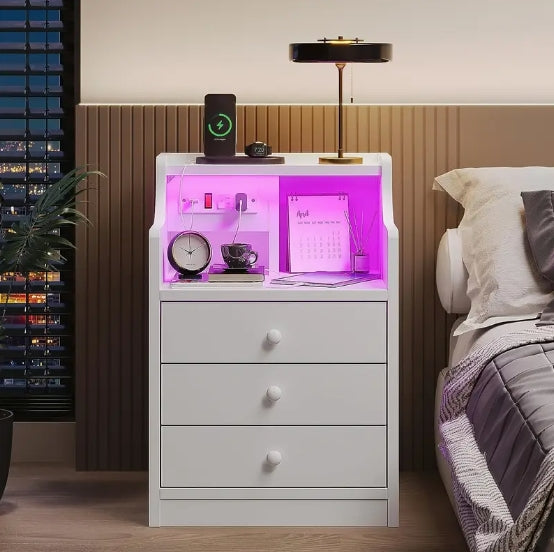 White Nightstand with Charging Station and LED Lights, Night Stand with Hutch, Bedside Table with Drawers, Modern End Side Table for Bedroom
